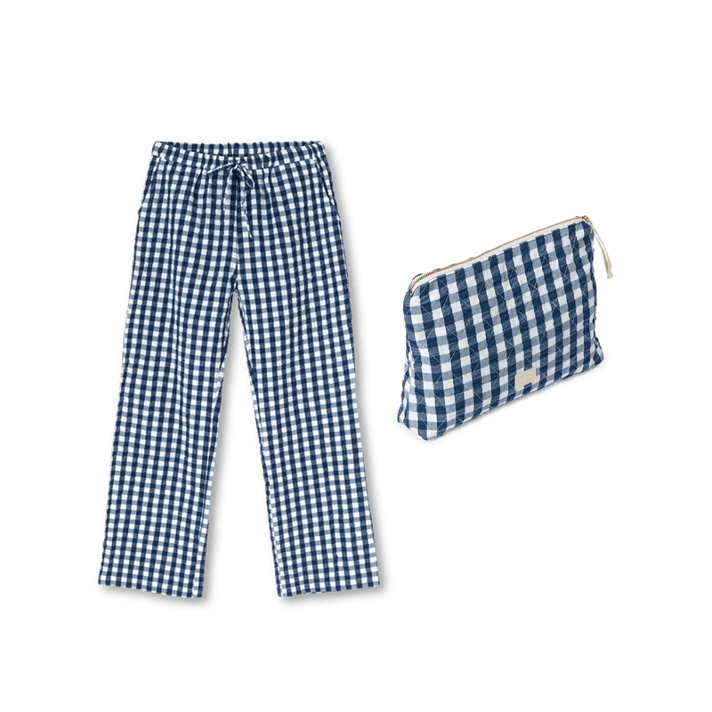 JUNA Karla Toiletry Bag & Barbara Lounge Pant Set, Dark Blue/White