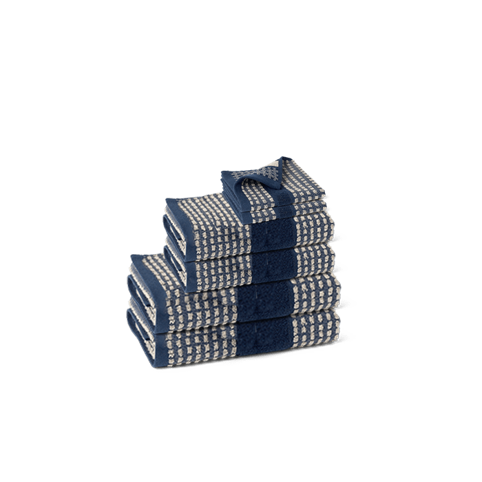 JUNA Check Towels Set, Dark Blue/Sand, 6 Pcs.